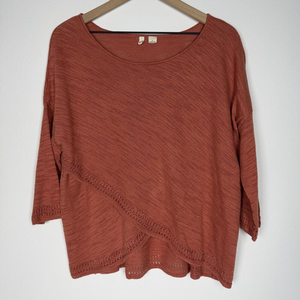 Anthropologie Sweater Womens Medium Orange Asymmetrical Crochet Hem 3/4 Sleeve